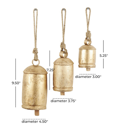 Metal Cow Bells, Meditation Bell, Set of 3, 10", 7", 5"H, Gold
