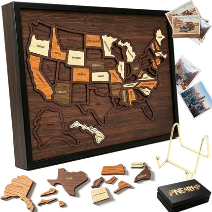 Wooden USA Travel Map Puzzle, A Stylish Way to Track Your Journey & Memories, Journey Tracker Maps Pin Board for Traveling, Removable USA Maps Puzzles for Traveling, Couple Family Art Home (1pc)