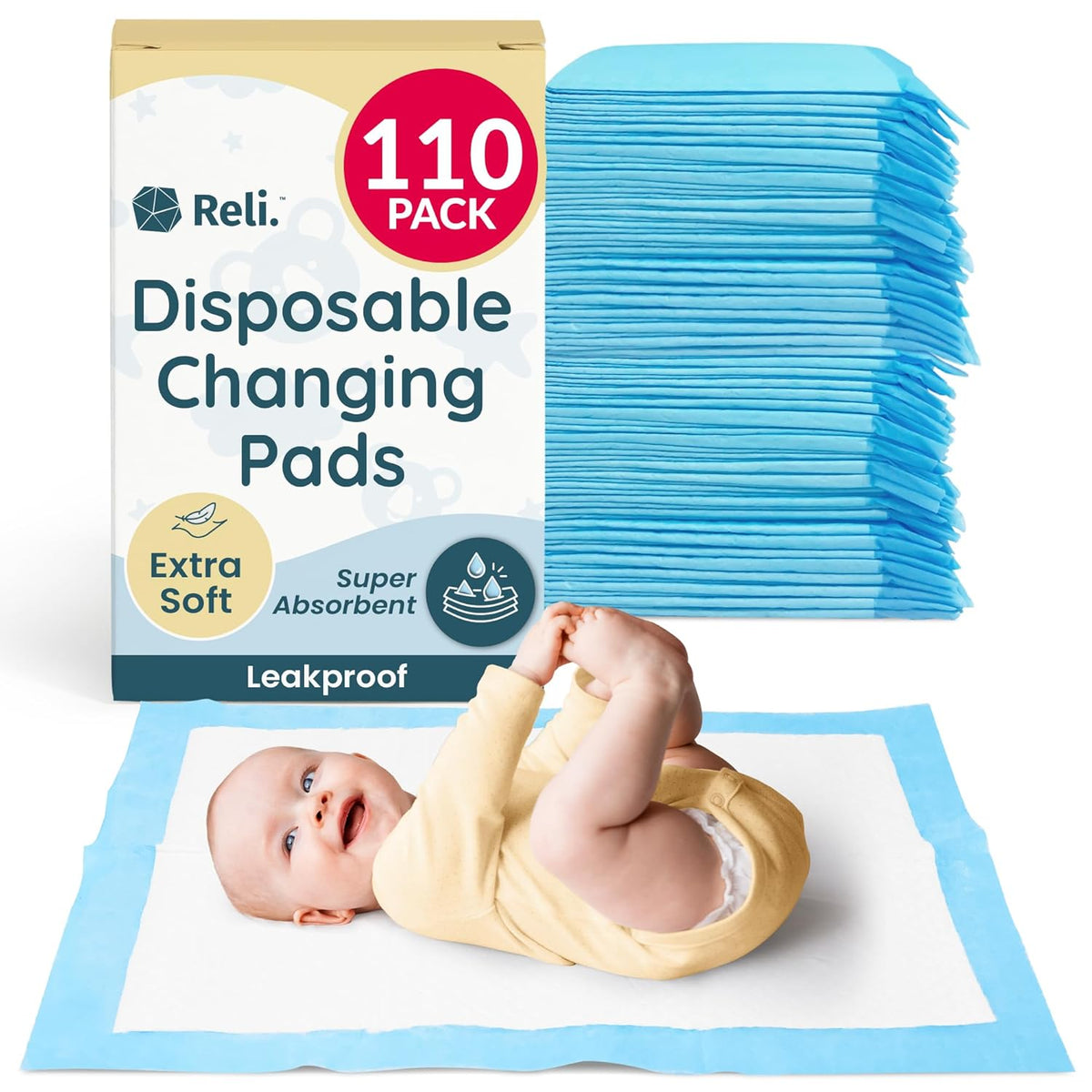 Disposable Changing Pads for Baby (110 Pack) | Disposable Diaper Changing Pads, 13" x 18" | Super Absorbent, Leak-Proof