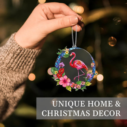 Flamingo Acrylic Suncatcher Window Hanging Ornament with Story Card, Flamingo Gifts for Women, Pink Christmas Tree Decorations, Tropical Palm Flamingos Hanging Decorations, Christmas Ornament (Moon)