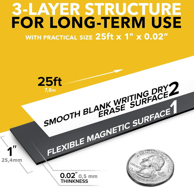 Magnetic Strips - 1 Inch x 25 Feet Magnetic Tape Roll