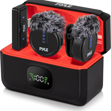 Pyle Wireless Lavalier Microphone System | Noise-Canceling Clip-On Mic with Magnetic Mount, 8H Battery, Charging Case, Windscreens | USB-C Plug & Play for Vlogging, Interviews, Streaming & Podcasts