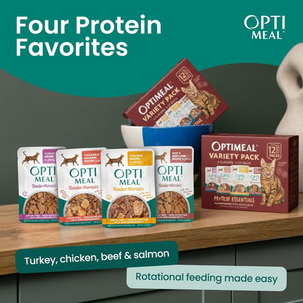 Optimeal Wet Cat Food Variety Pack - Savory Protein Selection, Grain Free Tender Morsels, High Protein Premium Nutrition Made with Natural European Ingredients, Adult Cat Pouches 3oz (Pack of 12)
