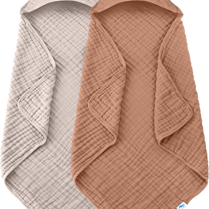 SWEET DOLPHIN Muslin Hooded Baby Bath Towels - 2 Pack 100% Cotton Towel for Babies, Infants, Toddlers - 32x32Inch - Highly Absorbent and Newborn Essential, Light Bean Paste