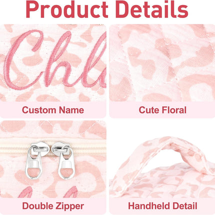 Personalized Large Quilted Makeup Bag for Women,Custom Cotton Travel Cosmetic Bag with Embroidered Name,Cute Toiletry Organizer Bag Bridesmaid Birthday Gift