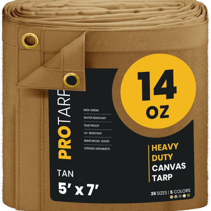 PROTARP Heavy Duty 14 OZ Water Resistant Canvas Tarp, UV Resistant Tarpaulin Cover with Rustproof Brass Grommets, Multipurpose for Canopy, Roof, Camping, Woodpile (Tan 5'X7')