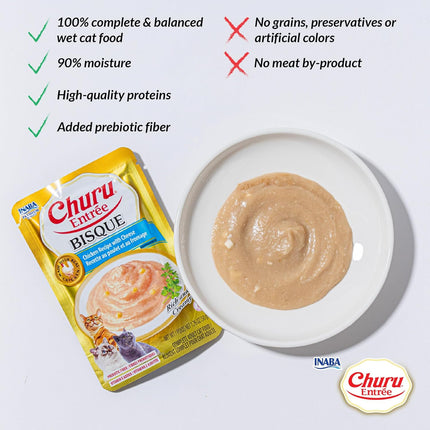 INABA Churu Entrée Bisque for Cats, High Protein & Moisture, Prebiotic Wet Cat Food, 1.76oz. per Serving, 6 Pouches, Chicken with Salmon Recipe