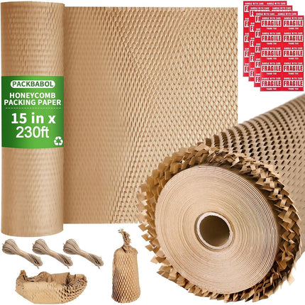 Honeycomb Packing Paper Bubble Wrap Roll 15" x 230' - Eco-Friendly Bubble Cushioning Wrap for Moving，Shipping and Packing Supplies with 60 Fragile Stickers & 6 Hemp Ropes