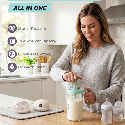 Borosilicate Glass Formula Mixing Pitcher – 32oz True Mixing Capacity, Time Dial for Freshness Tracking, Dishwasher-Safe, BPA-Free Lid, Perfect for Breastmilk Pitcher Method & Multi-Baby Feeding