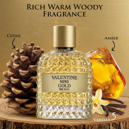 URBAN COLLECTION Valentine Nero Gold Cologne for Men, Warm Spicy Woody Fragrance, Amber Vanilla Perfume de Hombre with Powdery Notes, Long Lasting Masculine Scent, 3.4 oz / 100ml
