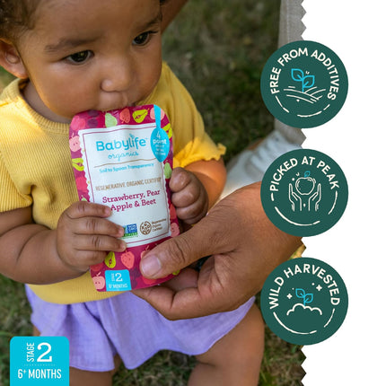 Babylife Organics Stage 2 - Strawberry, Pear, Apple & Beet, 3.5 Ounce Pouch (6 Pack) - Heavy Metal Safe, Organic Baby Food