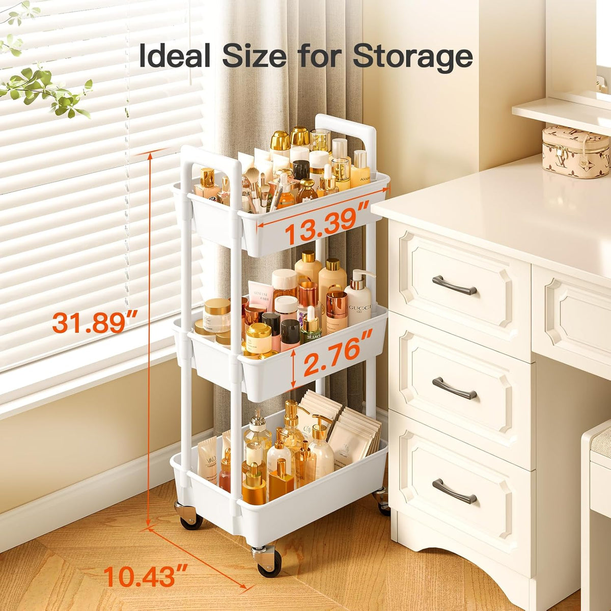 3-Tier White Plastic Rolling Utility Cart with Lockable Wheels - photo 4