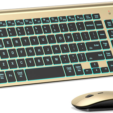 TopMate Wireless Keyboard and Mouse Ultra Slim Combo, 2.4G Silent Compact USB 2400DPI Mouse and Scissor Switch Backlit Keyboard Set, for PC/Laptop/Windows/Mac/Gaming - Gold Black
