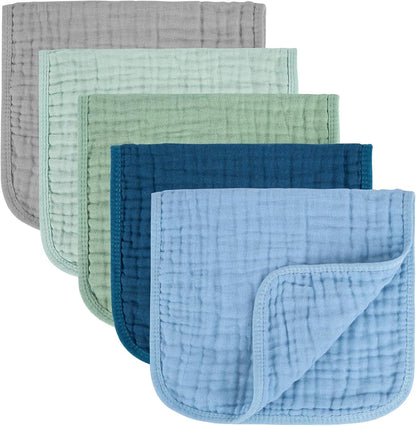 Baby Burp Cloth 100% Cotton Newborn Cotton Muslin Burp Cloth 10x20 inches (Blue & Green 5 Pieces)