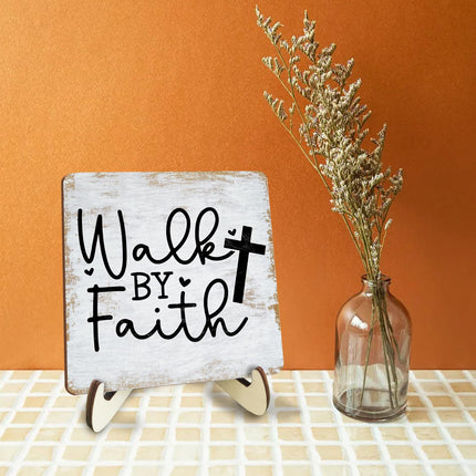 Motivational Sign Rustic Desk Decor Decorative Christian Gifts Religious Bible Verse Faith Decoration for Home Coffee Shop Office Table Shelf Tiered Tray Plaque with Wood Stand
