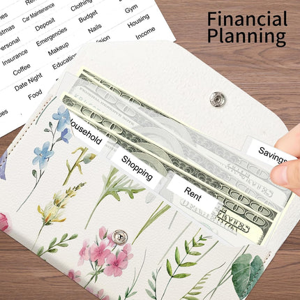 PU Leather Cash Envelopes Wallet, Reusable Money Savin Wallet, Cute Budget Envelope with 4 Dividers & 1 Sheets Budget Labels Watercolor Botanical Flowers