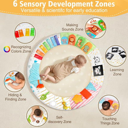 URMYWO Tummy Time Mat - Comfortable Baby Floor Play Mat Activity Gym for 0-3-6-18 Months, 6 Developmental Zones with 5 Detachable Toys for Motor Skills Sensory Development, Baby Essentials Shower Gift