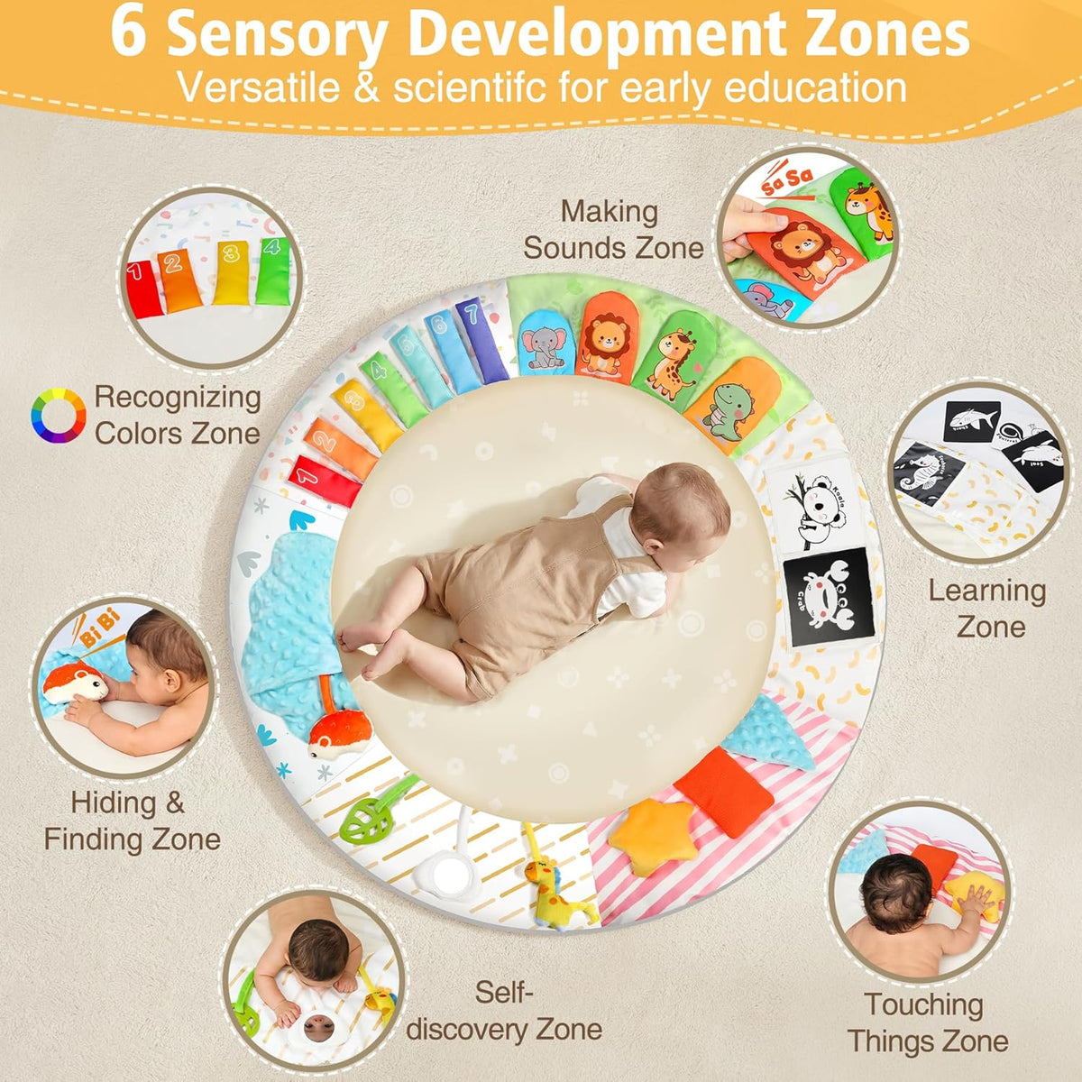 Tummy Time Mat - Comfortable Baby Floor Play Mat Activity Gym for 0-3-6-18 Months, 6 Developmental Zones - photo 2