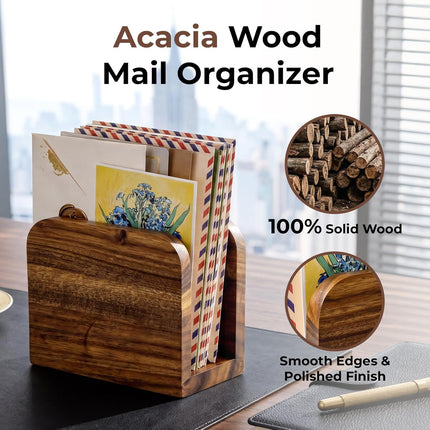 Acacia Wood Mail Organizer Countertop -Small Letter Holder for Desk, Rustic Farmhouse Decor, Upright Bill postcards, and notepads Stand for Entryway & Office