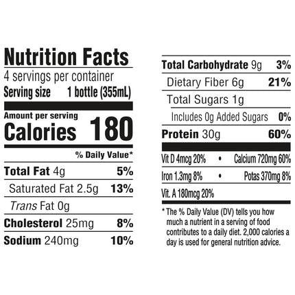 Oikos Protein Shake, Chocolate, 30g High Protein Drinks, Shelf Stable, Ready to Drink, 5g Prebiotic Fiber, 12 fl oz Bottle, 4 Count