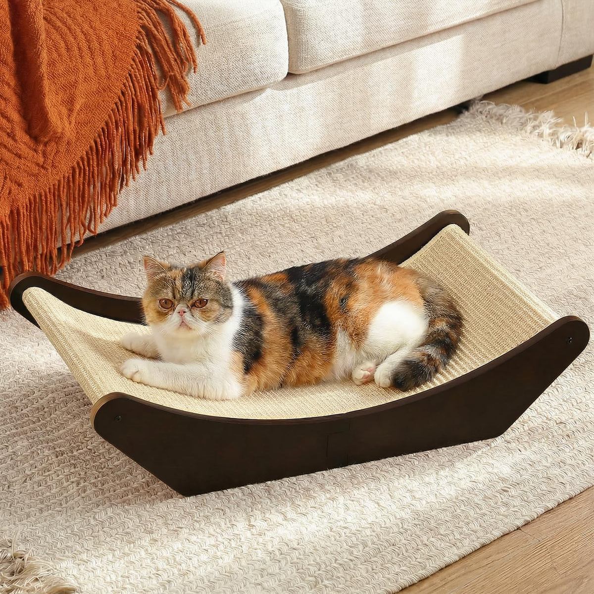 Cat Sisal Scratching Bed Hammock, 2-in-1 Cat Scratcher & Lounging Bed, 100% Natural Sisal Mat, Solid Wood Frame, Cat