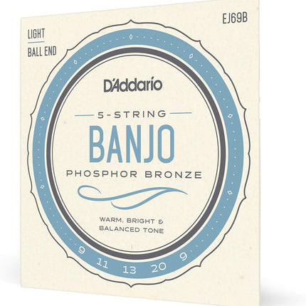 D'Addario Banjo Strings, Phosphor Bronze, EJ69B, Light Gauge 9-20, 5-String Set, Pack of 1
