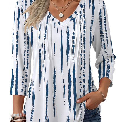 3/4 Length Sleeve Womens Tops V Neck Pleated Boho Floral Blouses