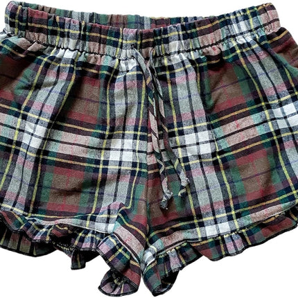 Cotton Plaid Adult Women Ruffle Trim Pajama Shorts Bottoms