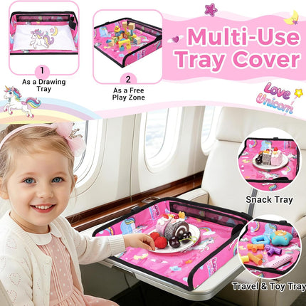 COOLBEBE Airplane Tray Table Cover – Foldable Travel Tray Cover for Toddlers 1-3 – Universal Fit for Airplane, Car Seat, High Chair – Machine Washable, Portable (Pink Unicorn)