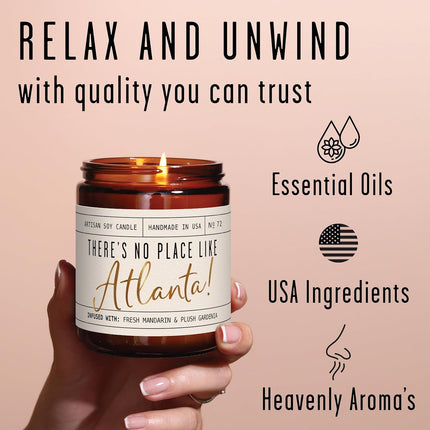 Atlanta Gifts, Atlanta Decor for Home - 'There's No Place Like Atlanta Candle, w/Fresh Mandarin & Plush Gardinia I Atlanta Souvenirs I 9oz Jar, 50Hr Burn, Made in USA