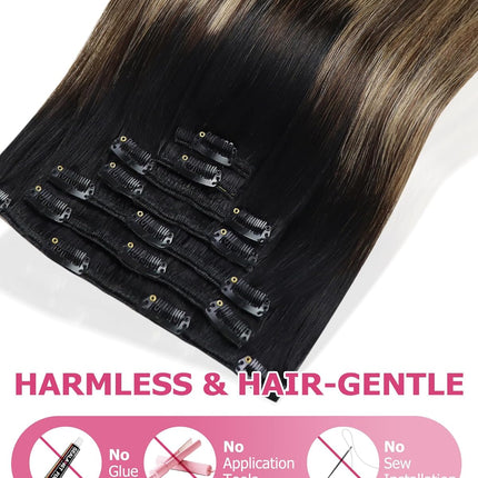YoungSee 18 Inch Ombre Clip in Hair Extensions 120G Balayage Clip in Human Hair Extensions Natural Black Ombre Dark Brown Mix Blonde, Can Be Heat-styled Clip ins Extensions for Women At Home 7Pcs