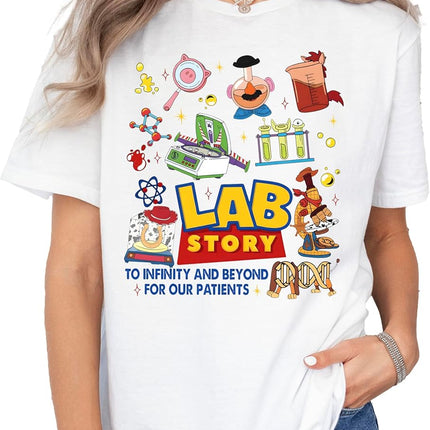 Lab Story Shirt - Lab Week 2026 Shirt, Medical Laboratory Week Gift, Laboratory Technician Scientist Appreciation Tshirt, to Infinity and Beyond for Our Patients, Lab Tech Humor Shirt Multi