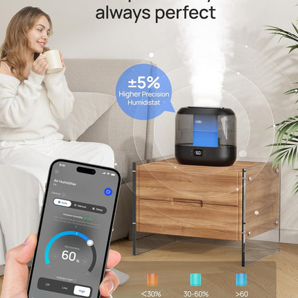 Smart Top-Fill 4L Cool Mist Humidifier for Bedroom and Large Room, Black