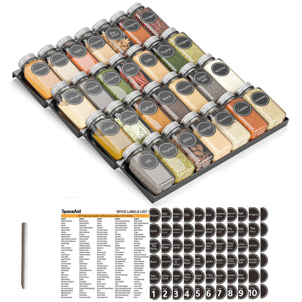 Spice Drawer Organizer with 28 Spice Jars, 386 Spice Labels, 4 Tier Seasoning Rack Tray Insert for Kitchen Drawers, 13" Wide x 17.5" Deep