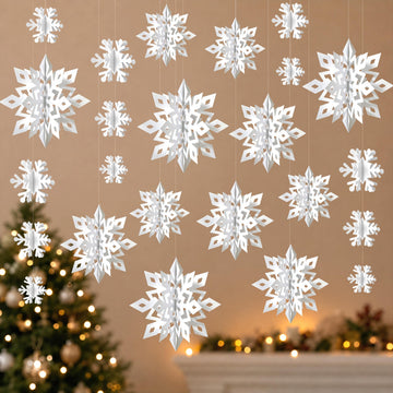 Snowflake Decorations, Paper Christmas Hanging Decor Indoor, White, 14-Pc