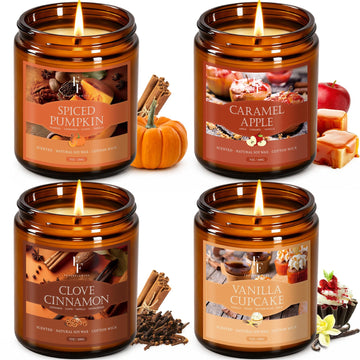 Set de velas de otoño, 4 Pack velas para hogar con aroma natural de cera de soya, set de regalo de otoño para mujer y hombre, fragancia de otoño de Pumpkin/Cinnamon/Vanilla Cupcake/Apple