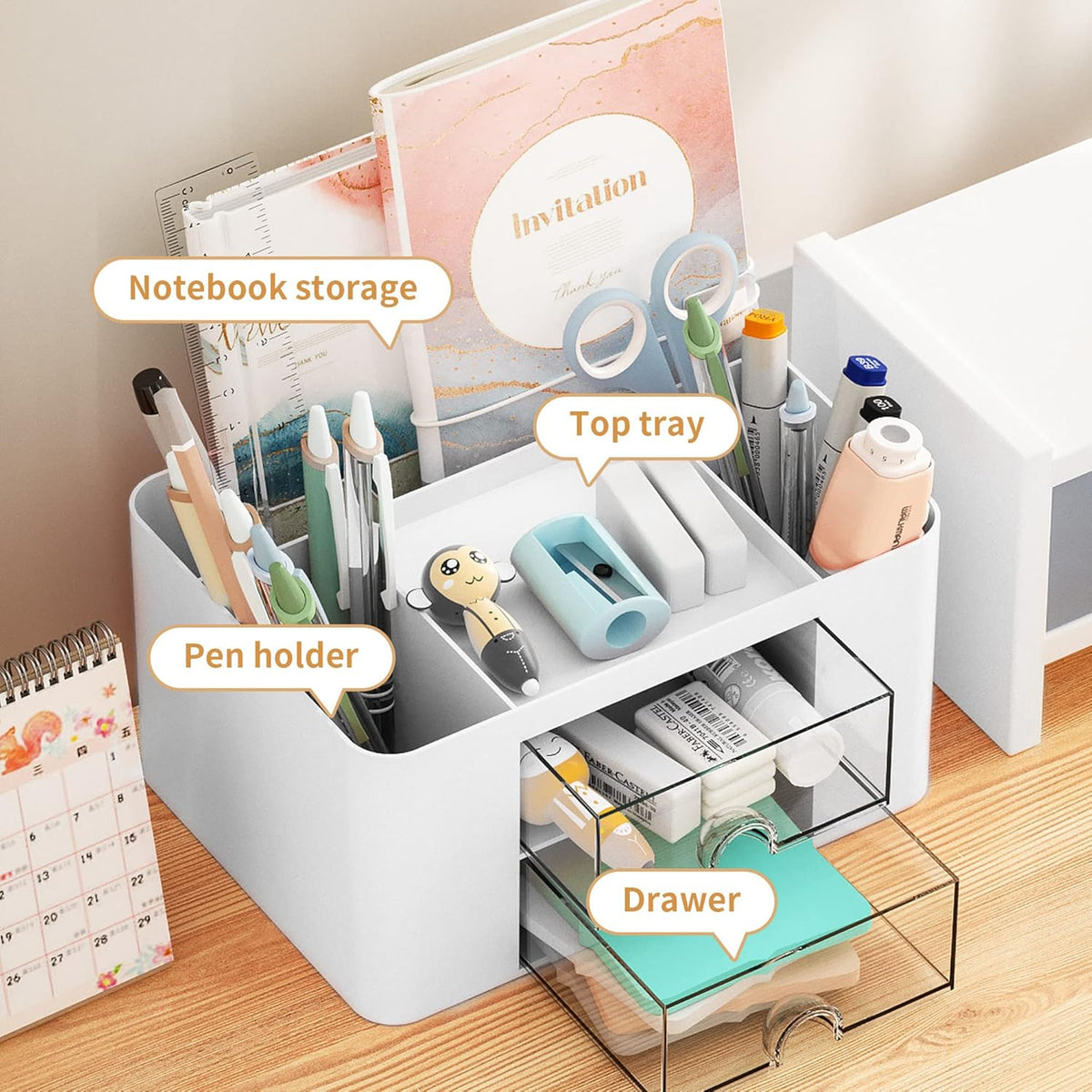 White Desk Pen Organizer with Compartments and Drawers - photo 2