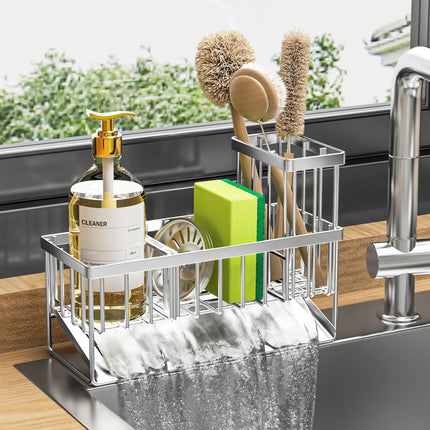 Sink Caddy Sponge Holder for Kitchen with Brush Holder and Stainless Steel Self Drain Tray, Rustproof Kitchen Sink Organizer for Sponge, Soap Dispenser Storage Accessories