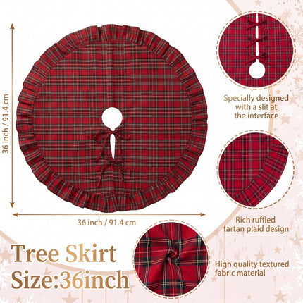 Falda de árbol de Navidad de tartán rojo con borde de volantes y lazo, 36 Inch