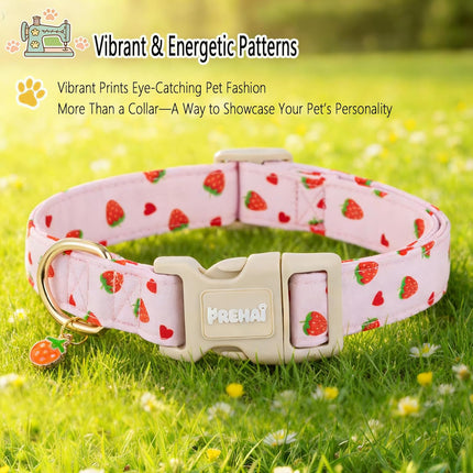PREHAI Pink Strawberry Dog Collar Sweet Spring Summer Collars with Cute Strawberries Pattern for Female Girl Small Medium Large Dogs S
