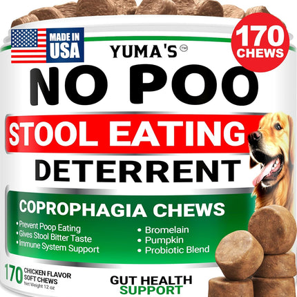 YUMA'S No Poo Chews for Dogs - 170 Count - Coprophagia & Stool Eating Deterrent for Dogs - Stop Eating Poop for Canine - Probiotics & Digestive Enzymes Supplement - Gut Health - Made in USA