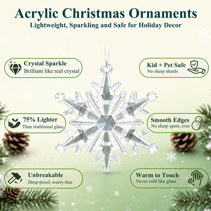 Crystal Christmas Tree Ornaments, Clear Acrylic Snowflake & Icicle, 18pcs