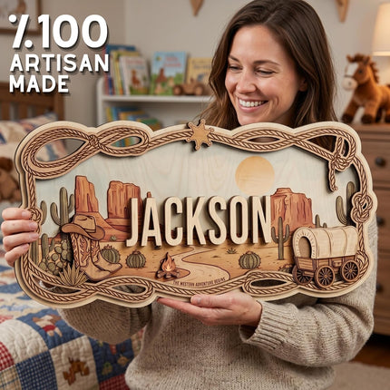 Custom Western Nursery Name Sign - Personalized Wooden Baby Name Sign with Cowboy Boots & Desert - 3D 2-Layer Birch Wood Wall Decor for Boy Room, Unique Wild West Gift