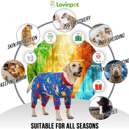 LovinPet Dog Pajamas for Large Dogs, Wound Care, Post Surgery Dog Clothes, Lost World Dinosaurs Print, UV Protection, Pet Anxiety Relief, Large Dog Onesies, Pet PJ's, XL