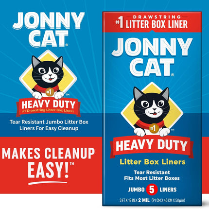 Jonny Cat Litter Box Liners: Heavy Duty - Tear & Leak Resistant - Drawstring Close - Jumbo, 5 Count