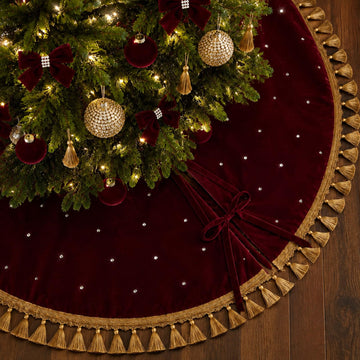 55 Inch Burgundy Christmas Tree Skirt Velvet, Round