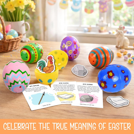 12 Pcs Resurrection Easter Story Eggs with 12 Pcs Wooden Religious Symbols and Matching Story Cards, Empty Resurrection Eggs for Easter Basket Stuffers and Egg Hunt, Christian Gifts for Kids