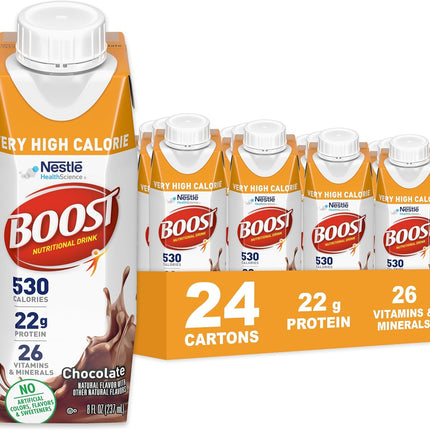 BOOST Very High Calorie Nutritional Drink – Helps Weight Gain & Maintenance - 530 Calories - 26 Vitamins & Minerals - 22 g Protein - Calorie-Dense Nutritional Drink - Chocolate - 8 fl oz (Pack of 24)