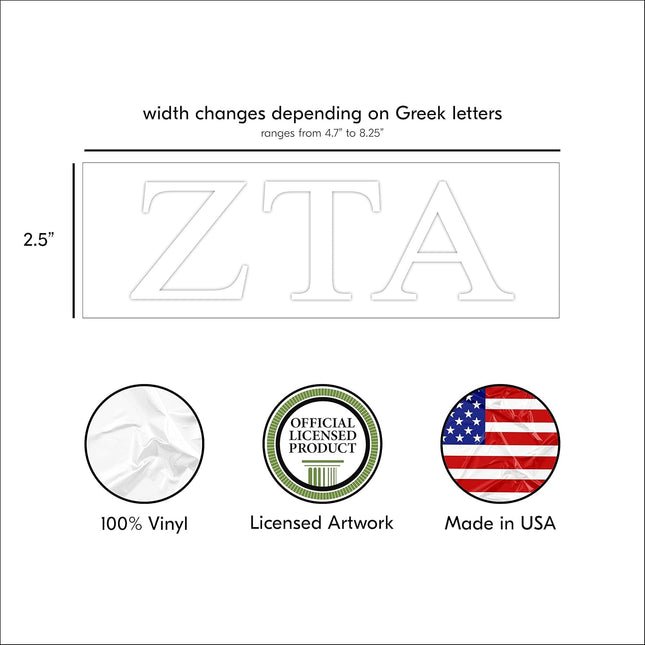 Zeta Tau Alpha Greek Sorority Sticker Decal, 2.5 Inches Tall, White