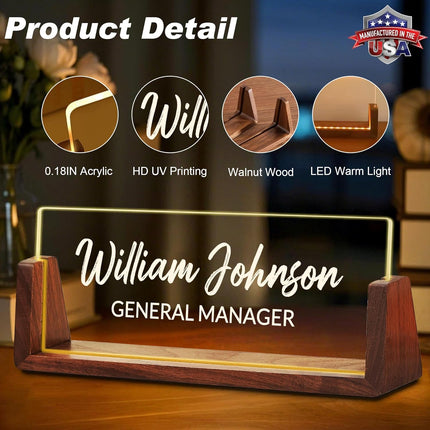 Ship Next Day Custom Name Plate for Desk, Personalized Acrylic Desk Name Plate with LED Walnut Frame, Office Desk Accessories, Appreciation Gifts for Boss Employee Coworker Teacher Women Men (Classic)